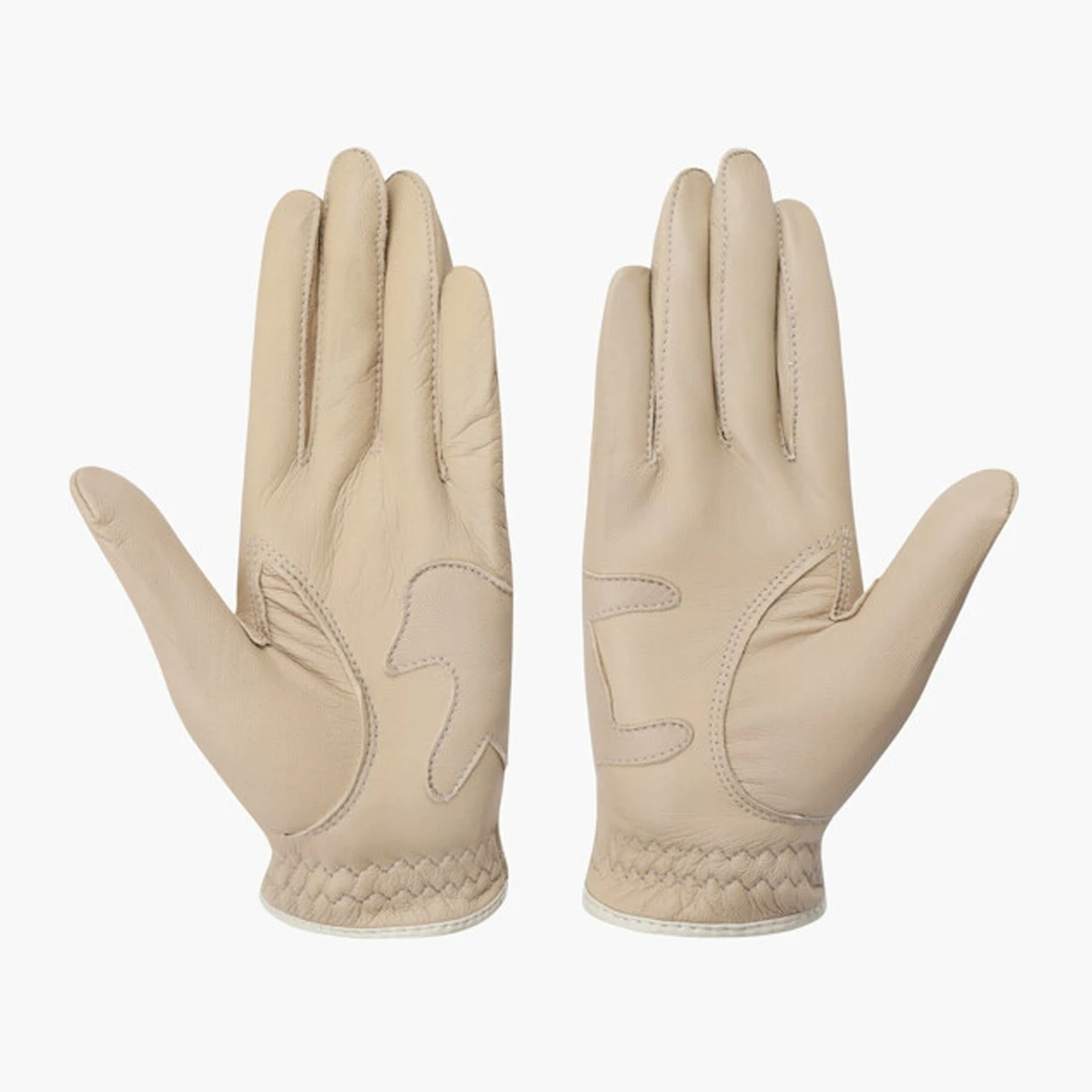 A pair of light beige leather gloves shown flat against a light gray background, displaying both the back of one glove and the palm of the other.
