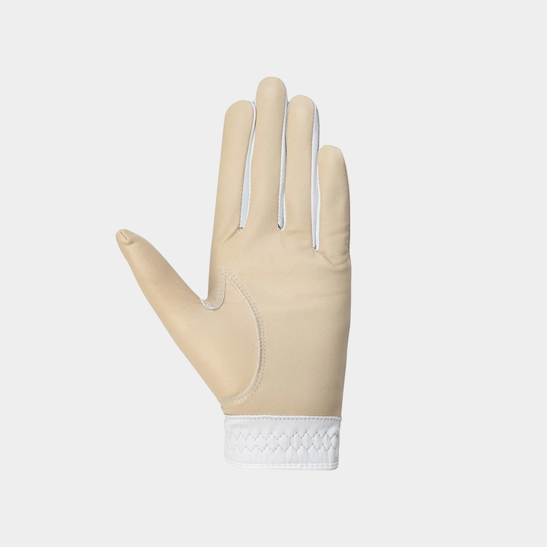 A single beige leather glove with a white textured knit cuff, shown against a light gray background.