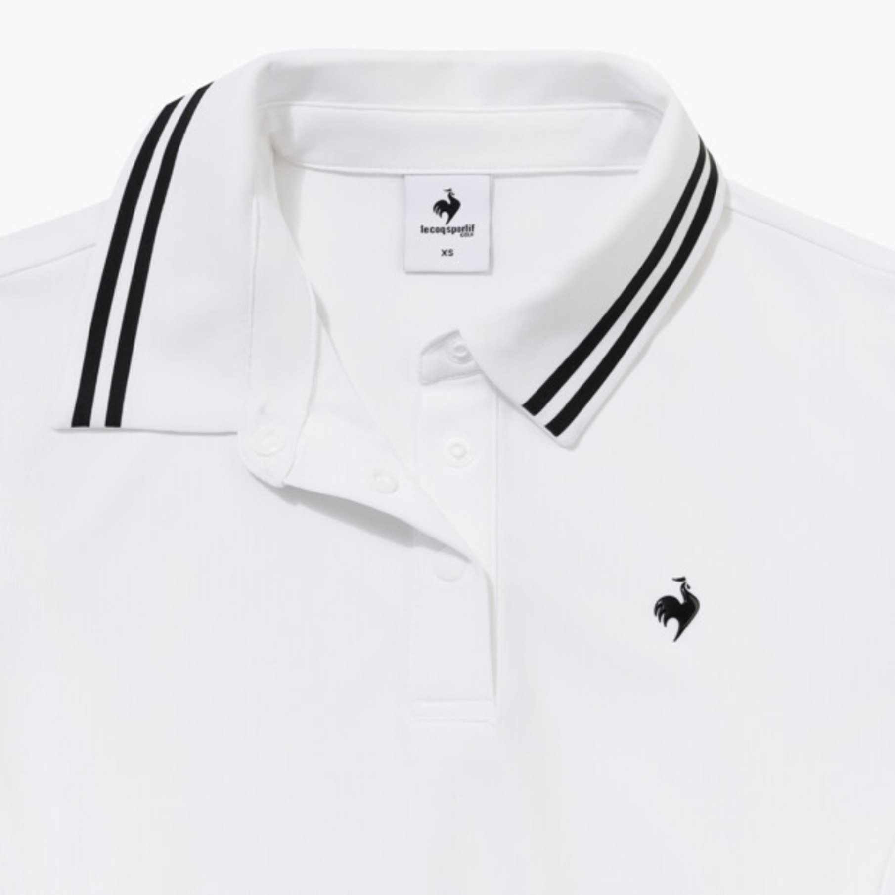 White polo shirt with black double stripe detailing on the collar and a small black rooster logo on the left chest, shown on a clean white background.