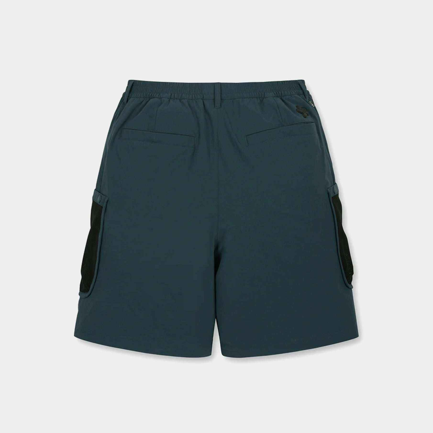Dark teal cargo shorts with black side panel accents, shown from the back on a light gray background.