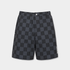 A pair of dark gray and black checkerboard patterned shorts with a white vertical logo on the lower left leg, displayed against a light gray background.