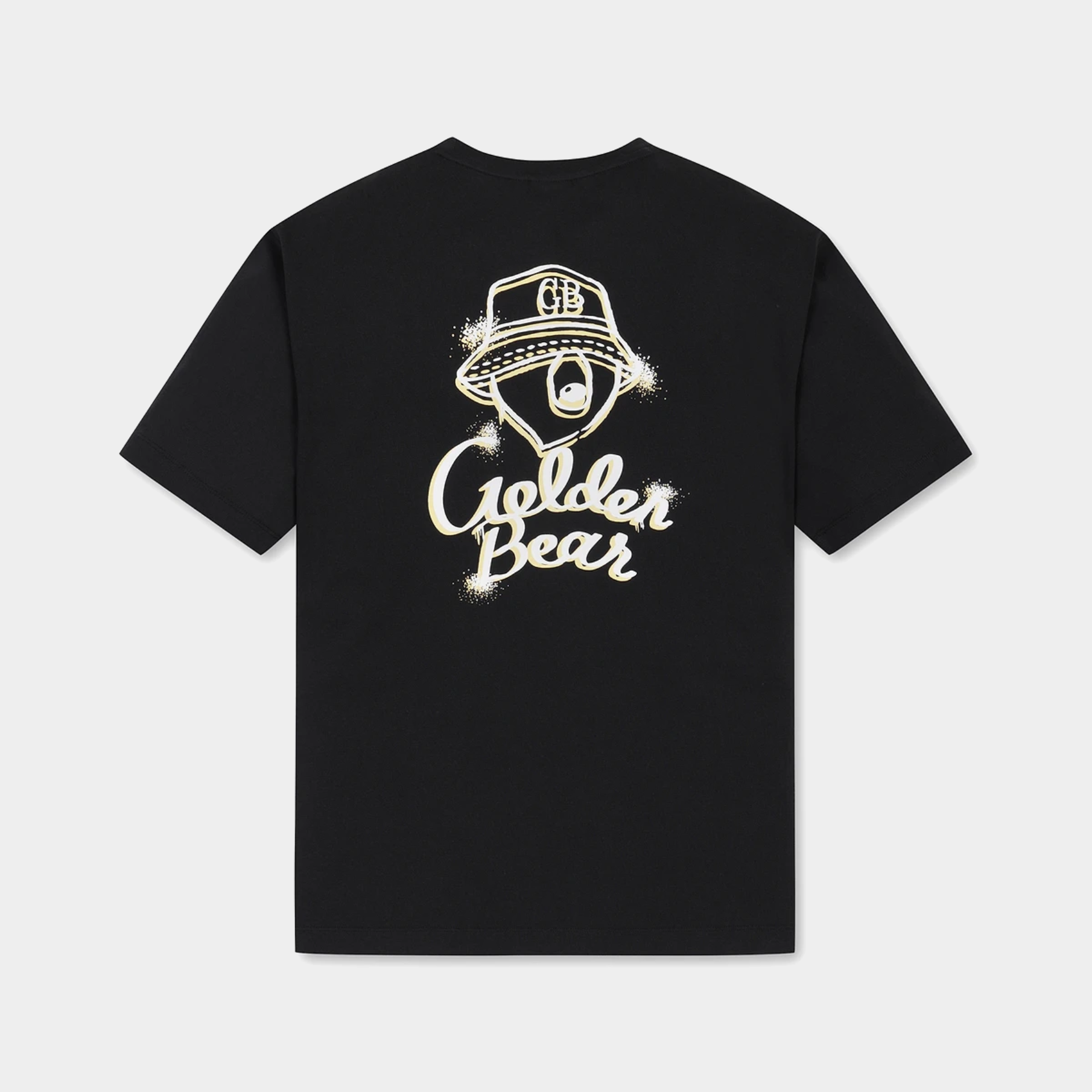 A black short-sleeve t-shirt with a cream-colored graphic on the front showing a bear face inside a hat and the text 'Golden Bear'.