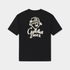 A black short-sleeve t-shirt with a cream-colored graphic on the front showing a bear face inside a hat and the text &