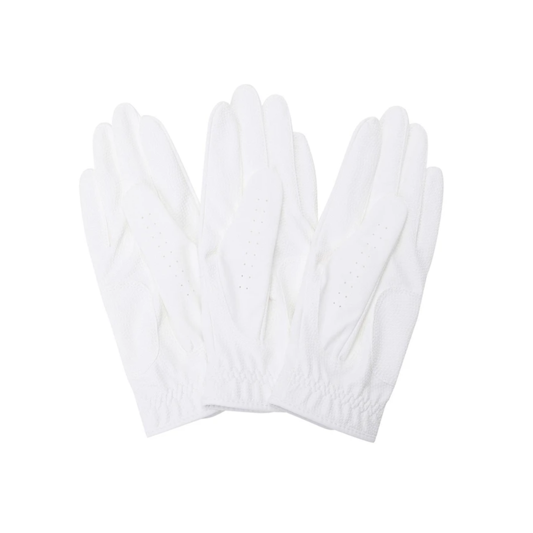 A pair of white golf  gloves with elastic cuffs and subtle perforated details on the backs, displayed against a solid white background.