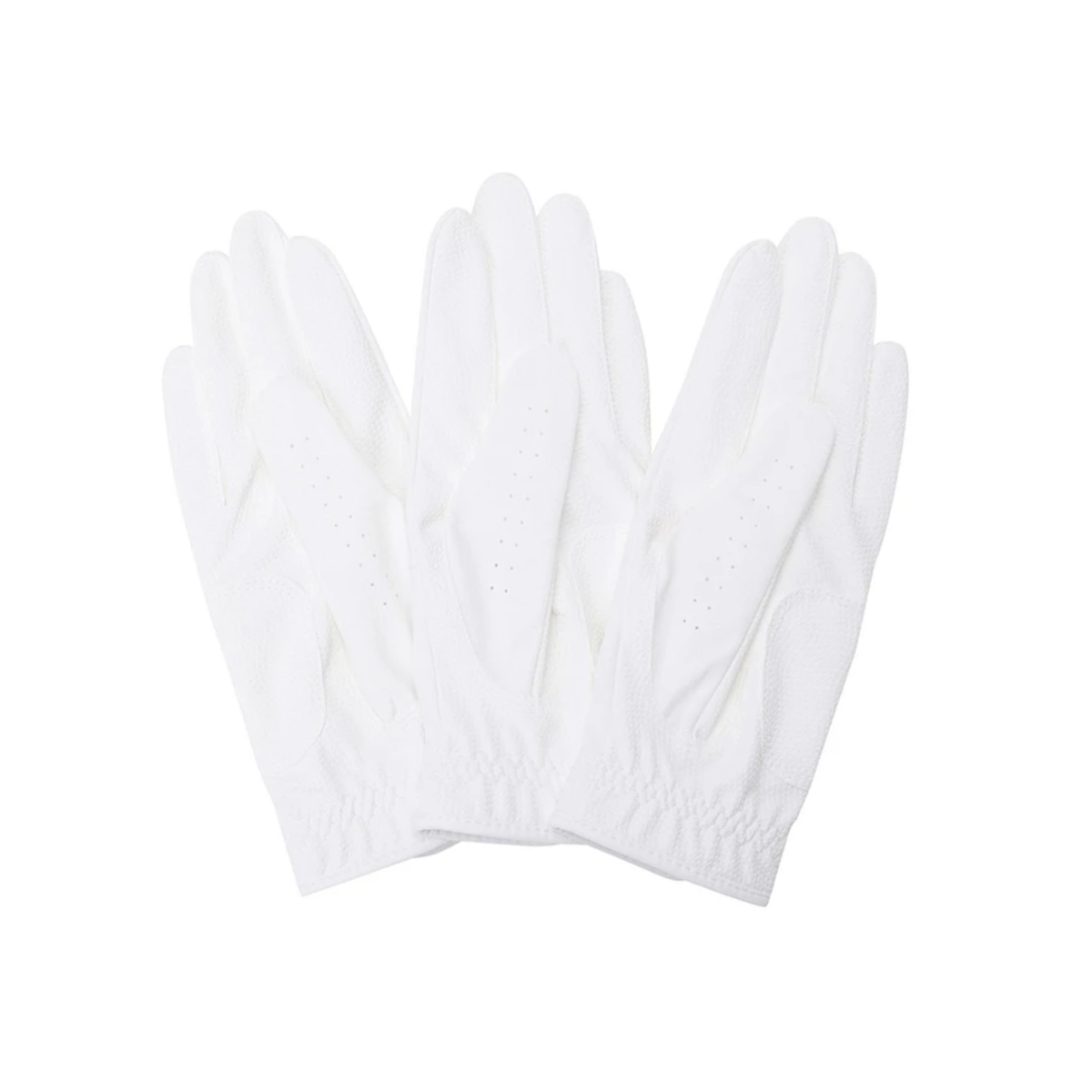 A pair of white golf  gloves with elastic cuffs and subtle perforated details on the backs, displayed against a solid white background.