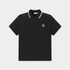 A black short-sleeve polo shirt with a white contrast-trim collar and a small white embroidered shield logo on the left chest, displayed on a light gray background.