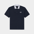 A navy blue short-sleeve polo shirt with a white and navy striped collar, featuring a white embroidered logo on the left chest and a small sleeve logo, displayed on a light gray background.