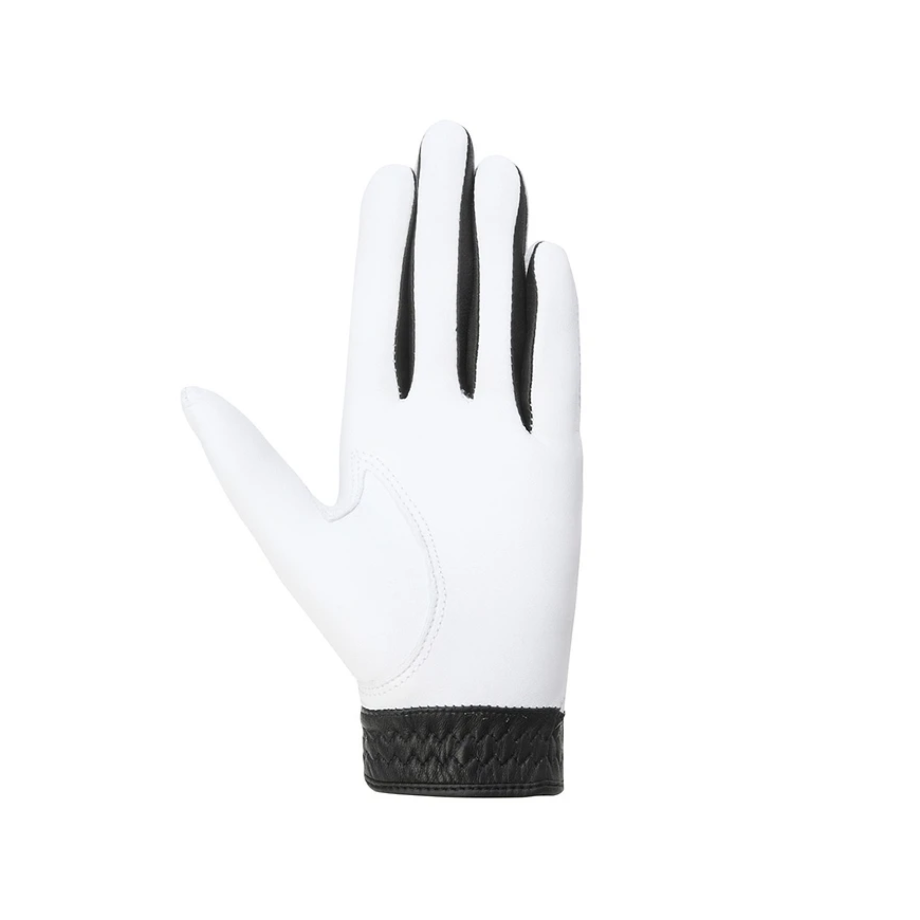 Women's Color Golf Glove in black and white with a smooth white leather back, black finger accents, and a black textured cuff, shown front-facing on a light gray background.