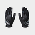 A pair of black fingerless cycling gloves with a pattern of light blue outlined hearts and a white heart patch on the back of the hand that reads &