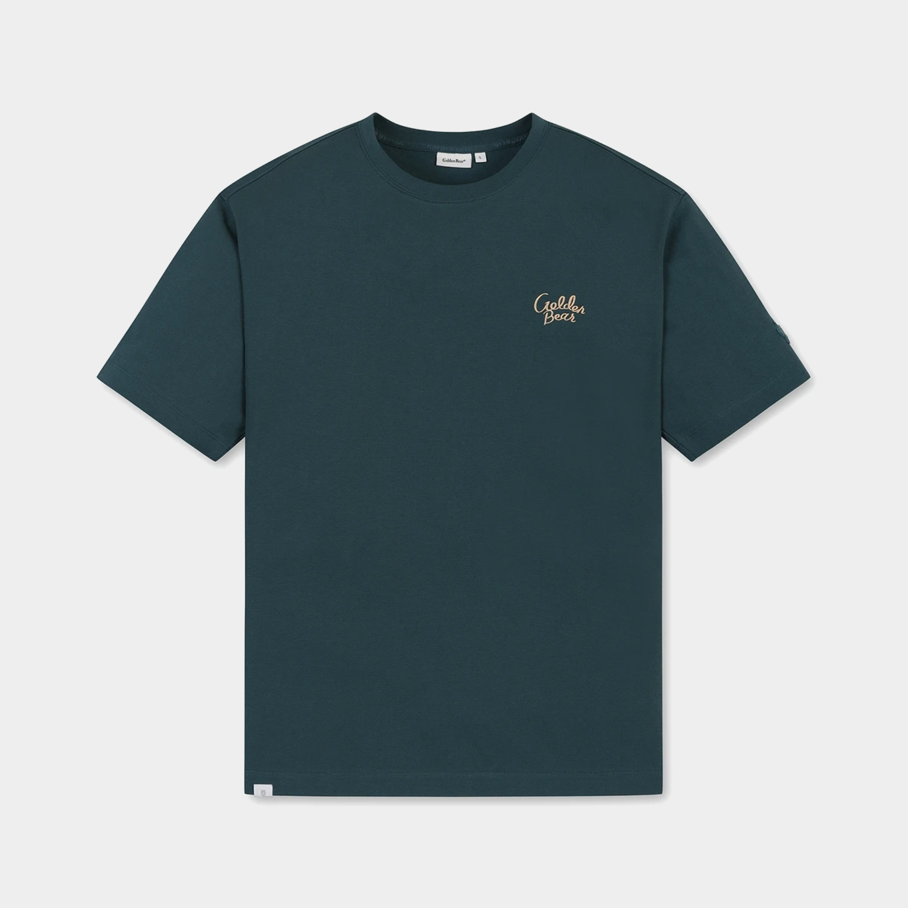 A dark teal green crewneck t-shirt with a small gold embroidered 'Golden Bear' logo on the left chest, displayed flat against a light gray background.