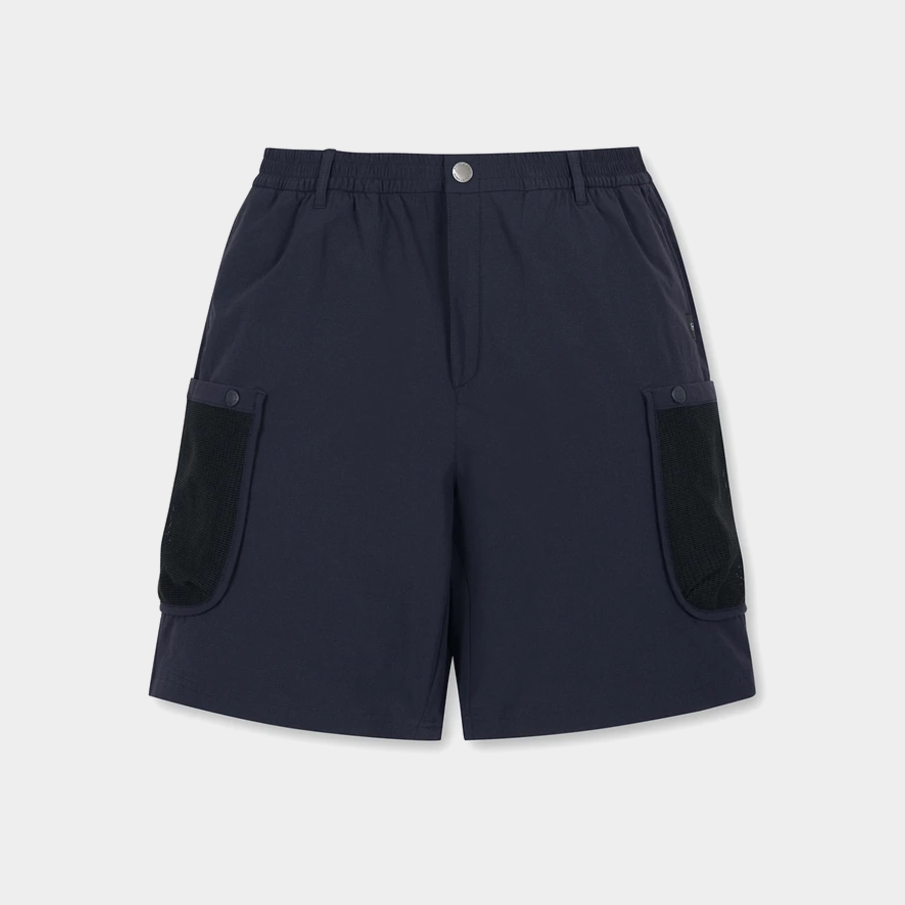 A pair of dark navy blue shorts with black contrast panels on the side pockets, shown flat against a light gray background.