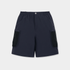 A pair of dark navy blue shorts with black contrast panels on the side pockets, shown flat against a light gray background.