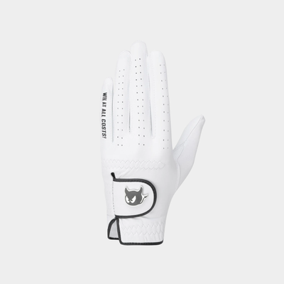A white golf glove with black trim and a black cat logo patch on the wrist strap, shown against a light gray background.