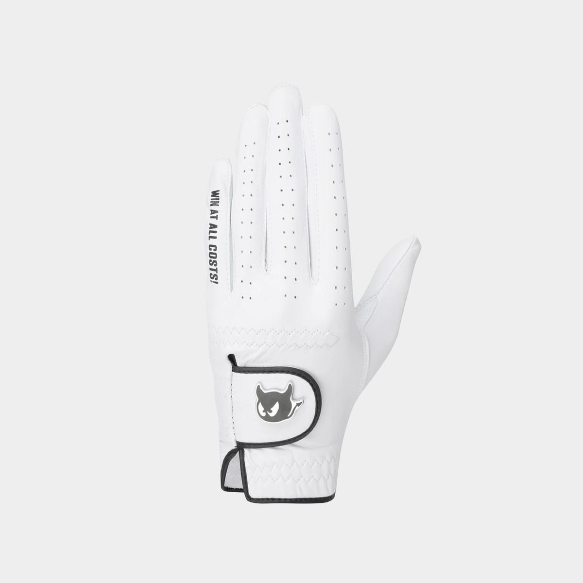 A white golf glove with black trim and a black cat logo patch on the wrist strap, shown against a light gray background.