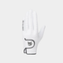 A white golf glove with black trim and a black cat logo patch on the wrist strap, shown against a light gray background.