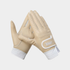 A pair of beige leather golf gloves with white trim and a white logo patch, displayed against a light gray background.