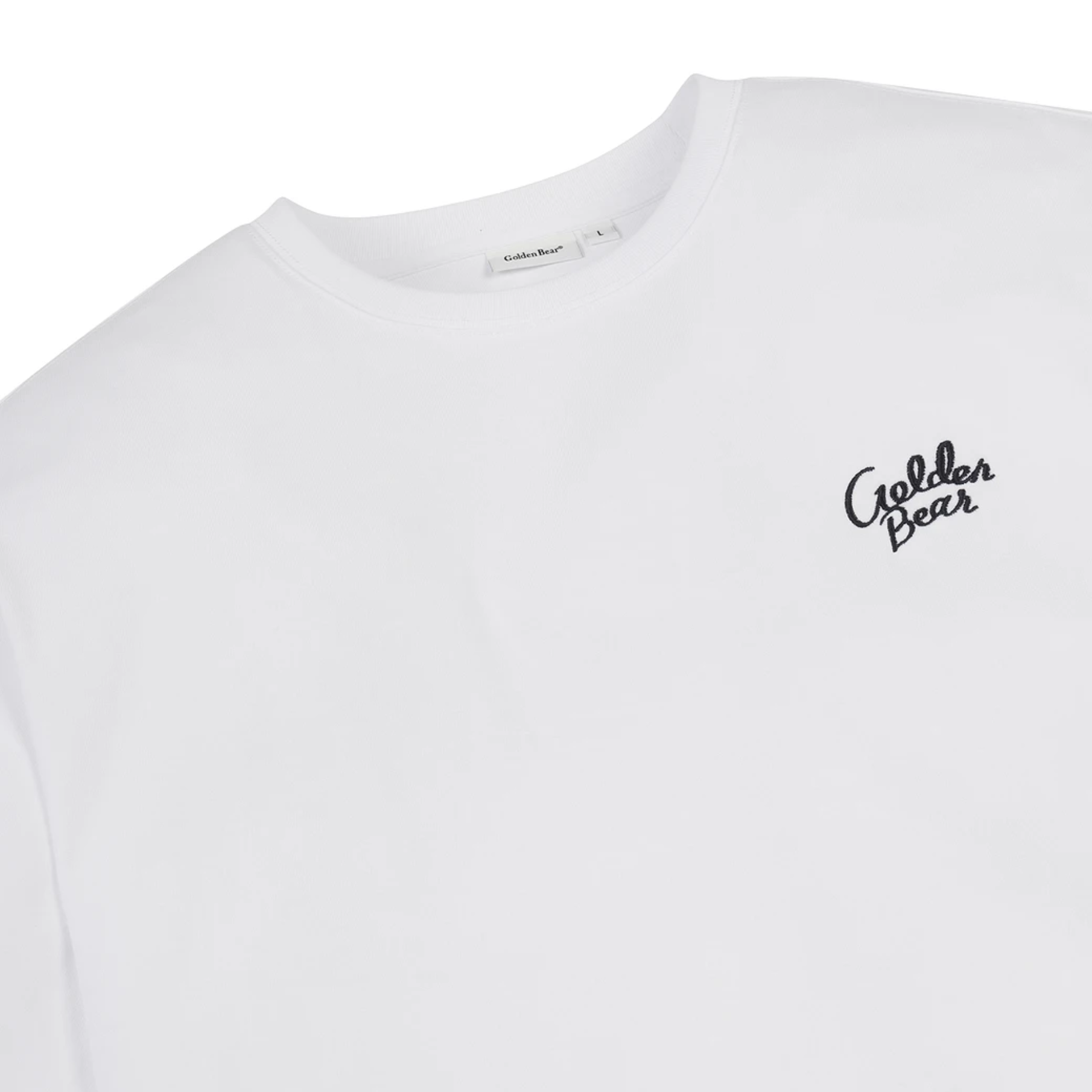 A close-up of a white crewneck sweatshirt featuring a black embroidered 'Golden Bear' logo on the left chest, with a white neck label visible inside the collar.
