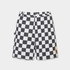 Black and white checkerboard shorts with a textured pattern, featuring a button closure and a small orange brand patch on the lower left hem, displayed against a light gray background.