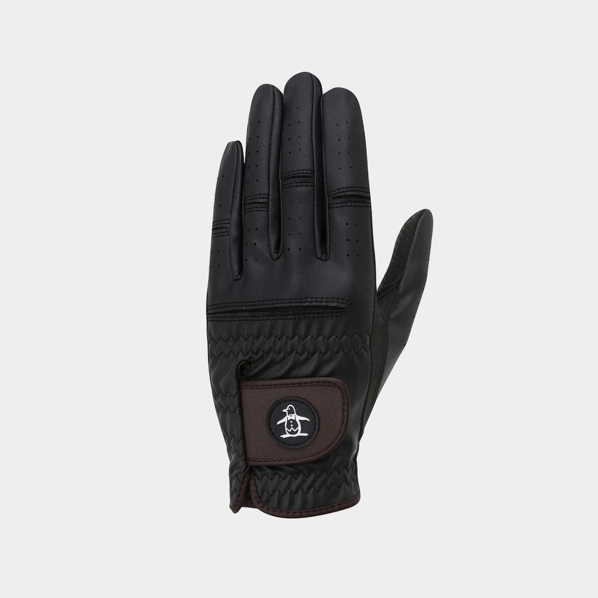 A single black leather glove shown from the back, featuring a brown leather patch on the back with a circular logo, set against a plain light gray background.