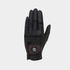 A single black leather glove shown from the back, featuring a brown leather patch on the back with a circular logo, set against a plain light gray background.