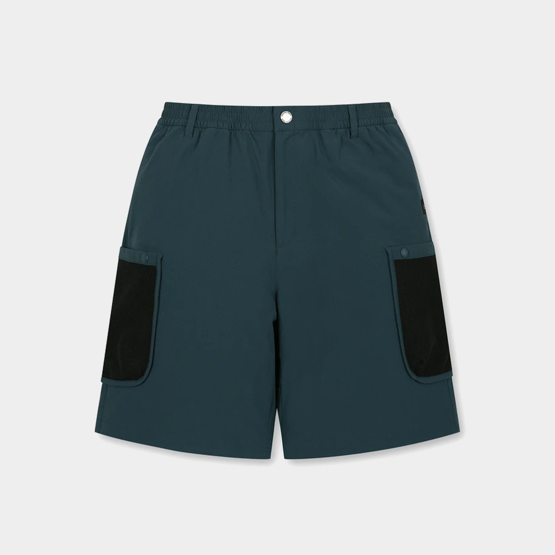 Dark teal outdoor shorts with black contrast panels on the cargo pockets, shown flat on a light gray background.