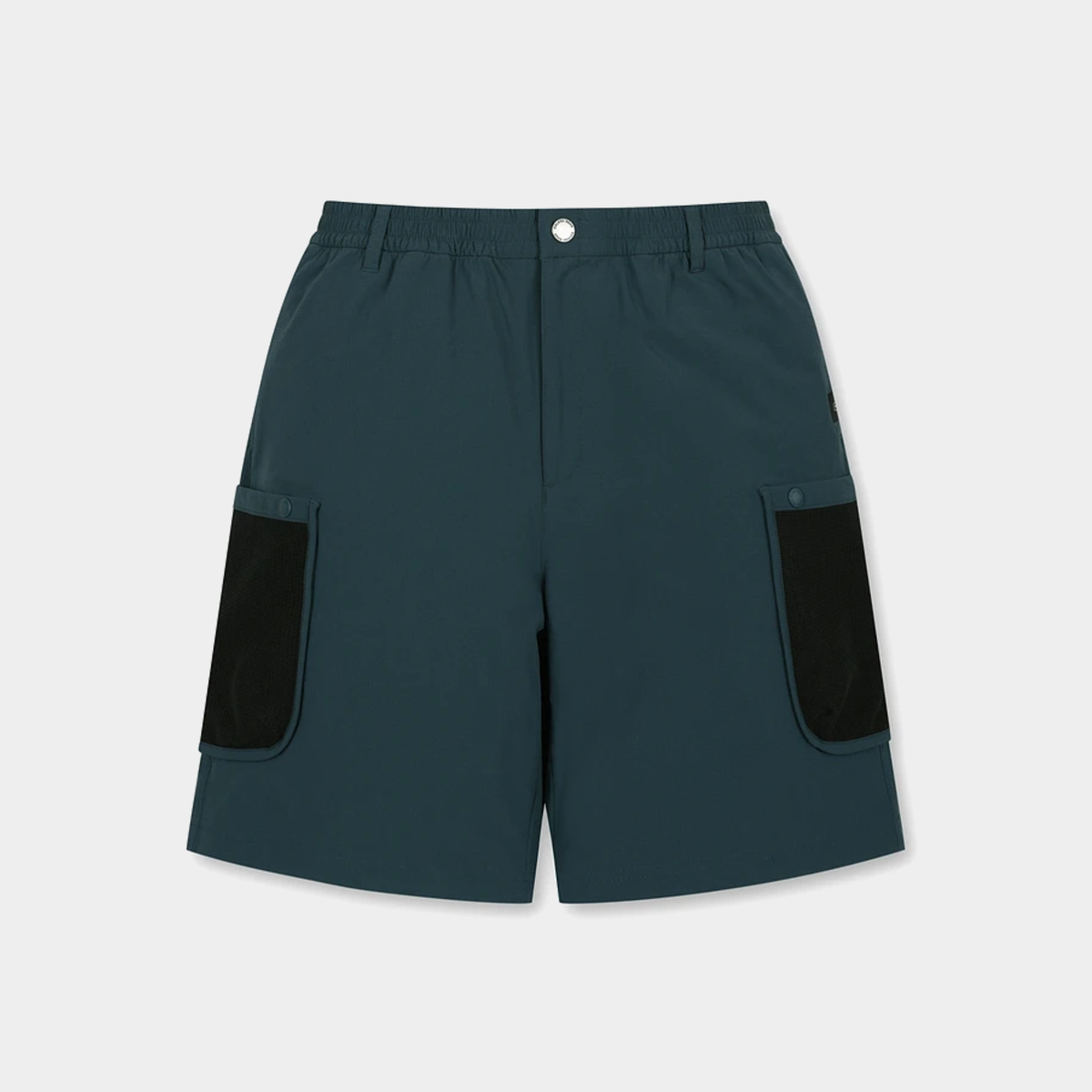 Dark teal outdoor shorts with black contrast panels on the cargo pockets, shown flat on a light gray background.