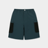 Dark teal outdoor shorts with black contrast panels on the cargo pockets, shown flat on a light gray background.