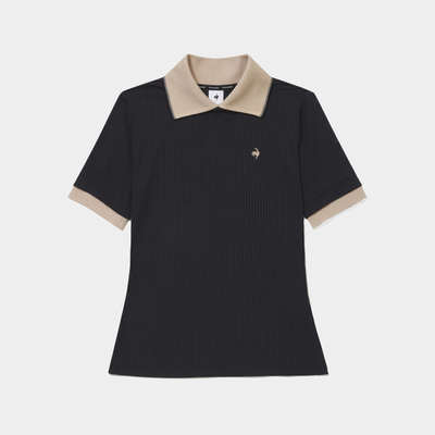 A short-sleeve ribbed polo shirt in black with a beige collar and sleeve cuffs, featuring a small embroidered horse logo on the left chest, shown against a light gray background.