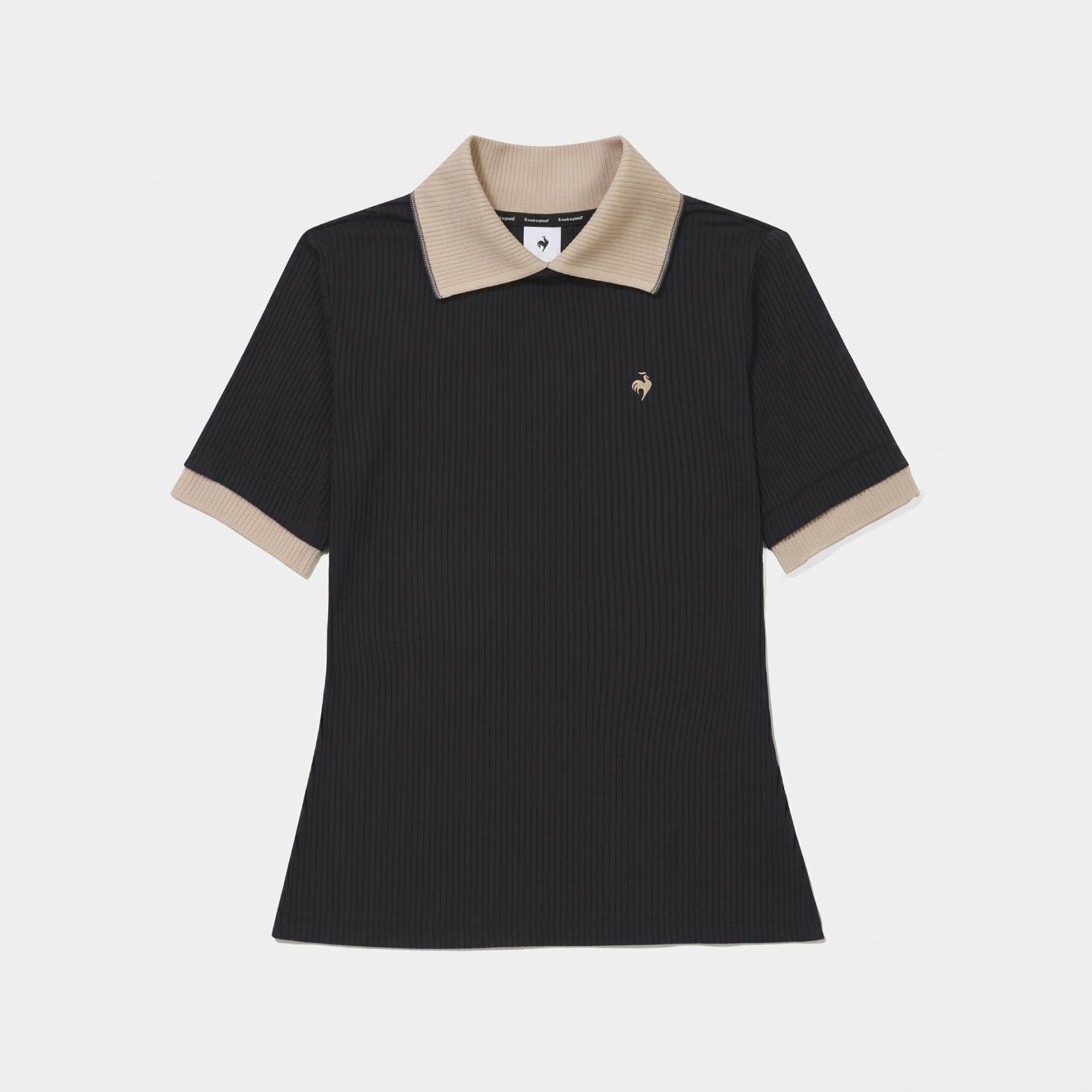 A short-sleeve ribbed polo shirt in black with a beige collar and sleeve cuffs, featuring a small embroidered horse logo on the left chest, shown against a light gray background.