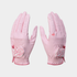 A pair of light pink golf gloves shown flat against a light gray background, with the Le Coq Golf brand logo visible on the wrist area.