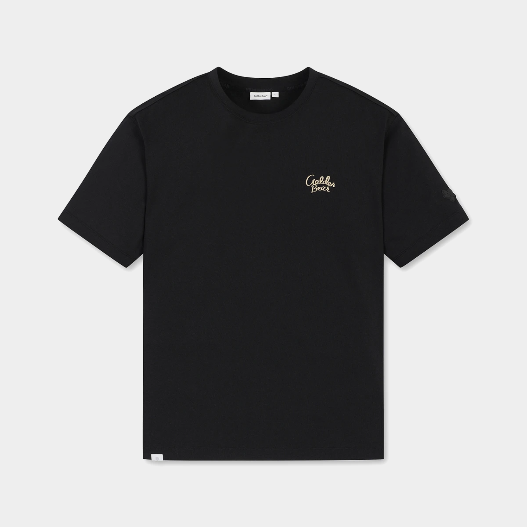 A black short-sleeve crewneck t-shirt with a small gold embroidered 'Golden Bear' logo on the left chest, displayed flat against a light gray background.