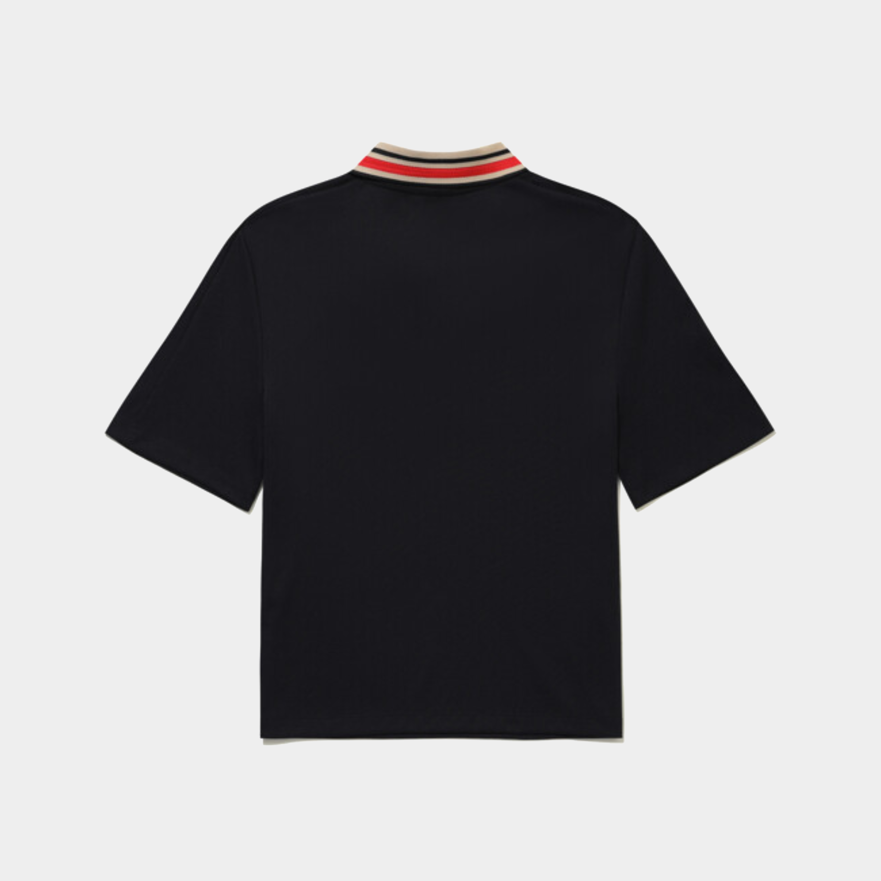 A black short-sleeve polo shirt shown from the back, featuring a classic collar with red, beige, and black stripes, set against a light gray background.