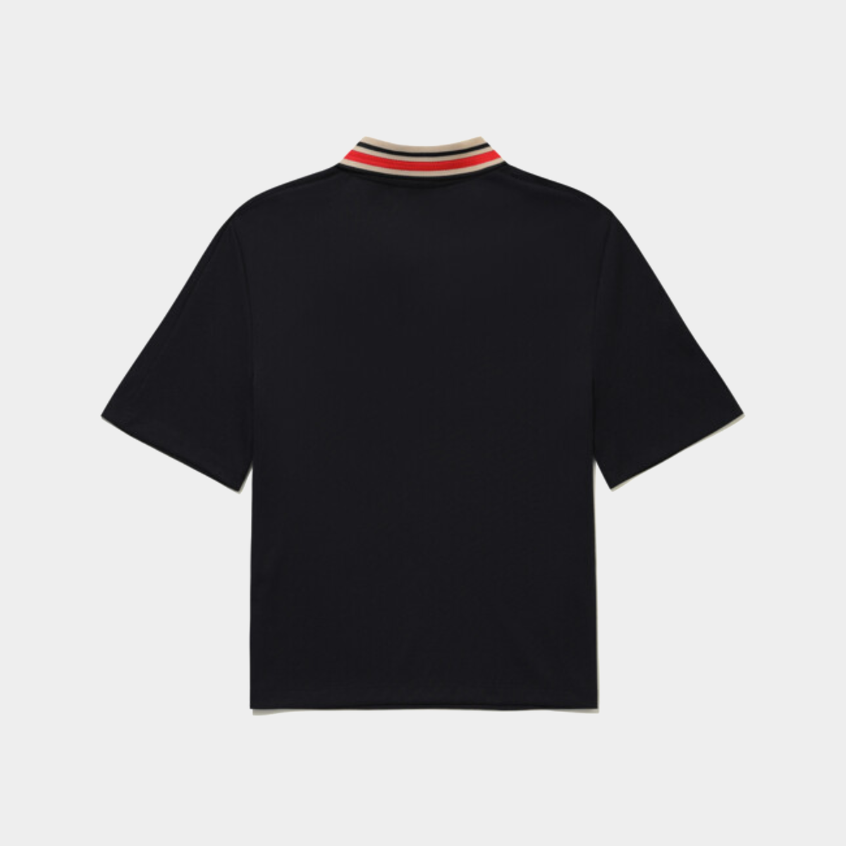 A black short-sleeve polo shirt shown from the back, featuring a classic collar with red, beige, and black stripes, set against a light gray background.