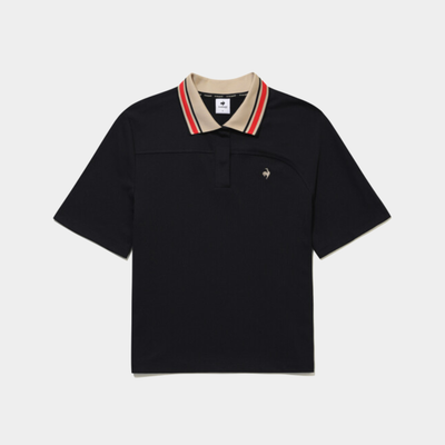 A black short-sleeve polo shirt with a beige collar featuring red and green stripes, and a small embroidered logo on the left chest, shown against a light gray background.
