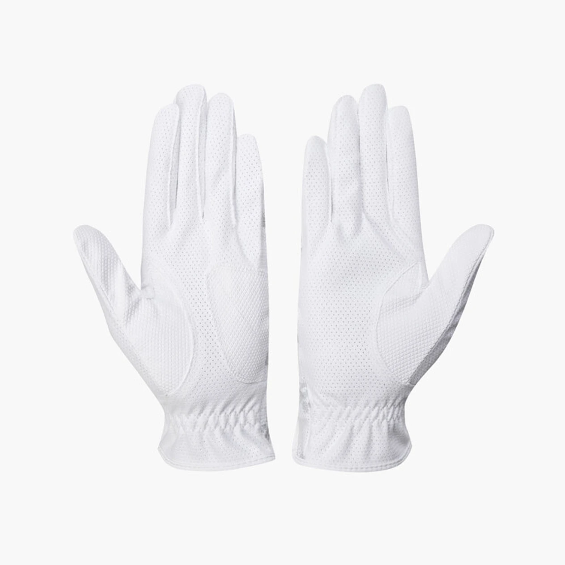 A pair of white golf gloves shown flat against a light gray background, displaying both the back of the hand and the palm side with textured grip panels.