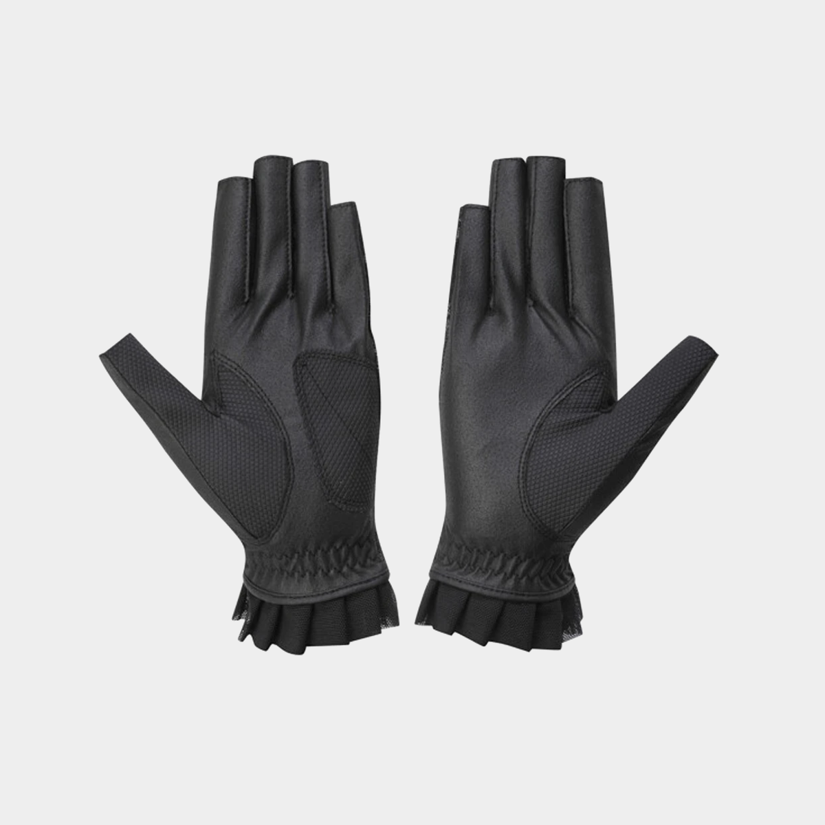 A pair of black fingerless gloves with textured grip panels and gathered cuffs, displayed flat against a light gray background.