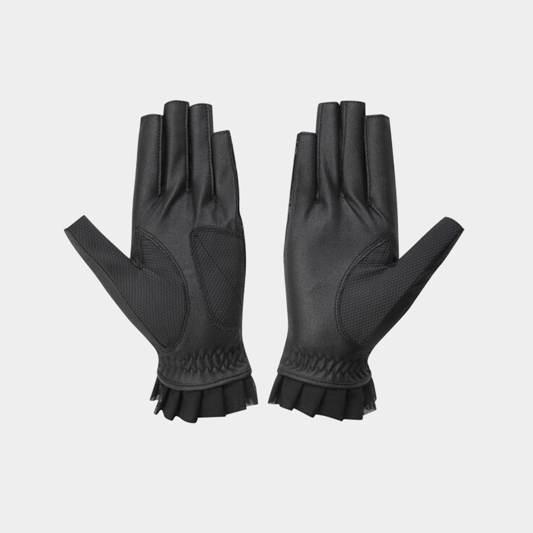 A pair of black fingerless gloves with textured grip panels and gathered cuffs, displayed flat against a light gray background.