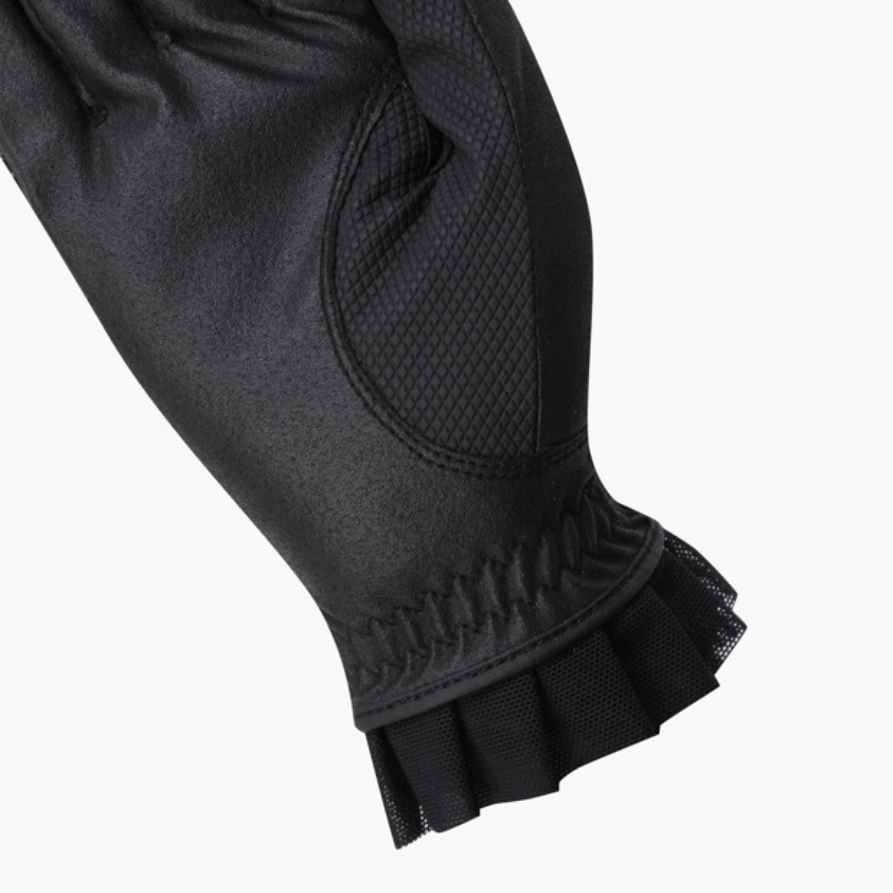 Close-up of a black sleeve or glove with a textured mesh panel and a ruffled cuff, shown against a plain white background.