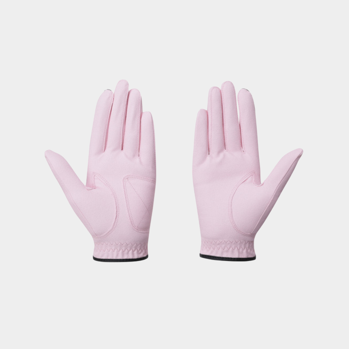 A pair of light pink riding gloves shown flat against a light gray background.