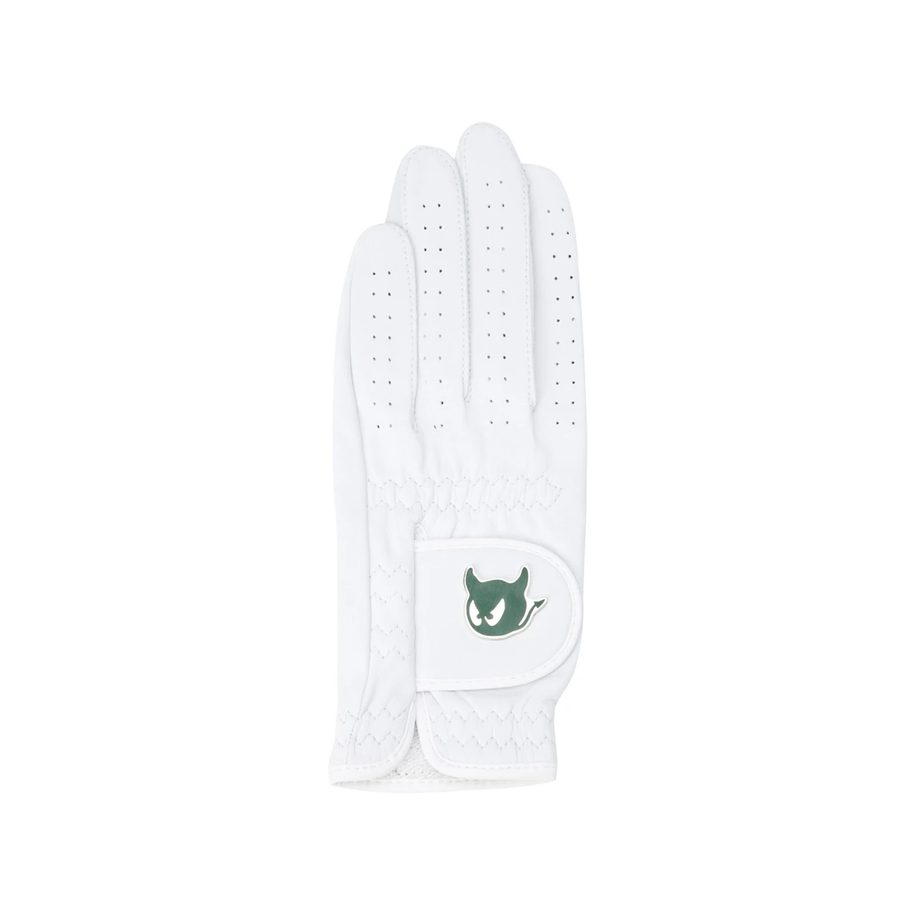 A white golf glove with a green devil logo patch on the back of the hand, shown against a plain white background.