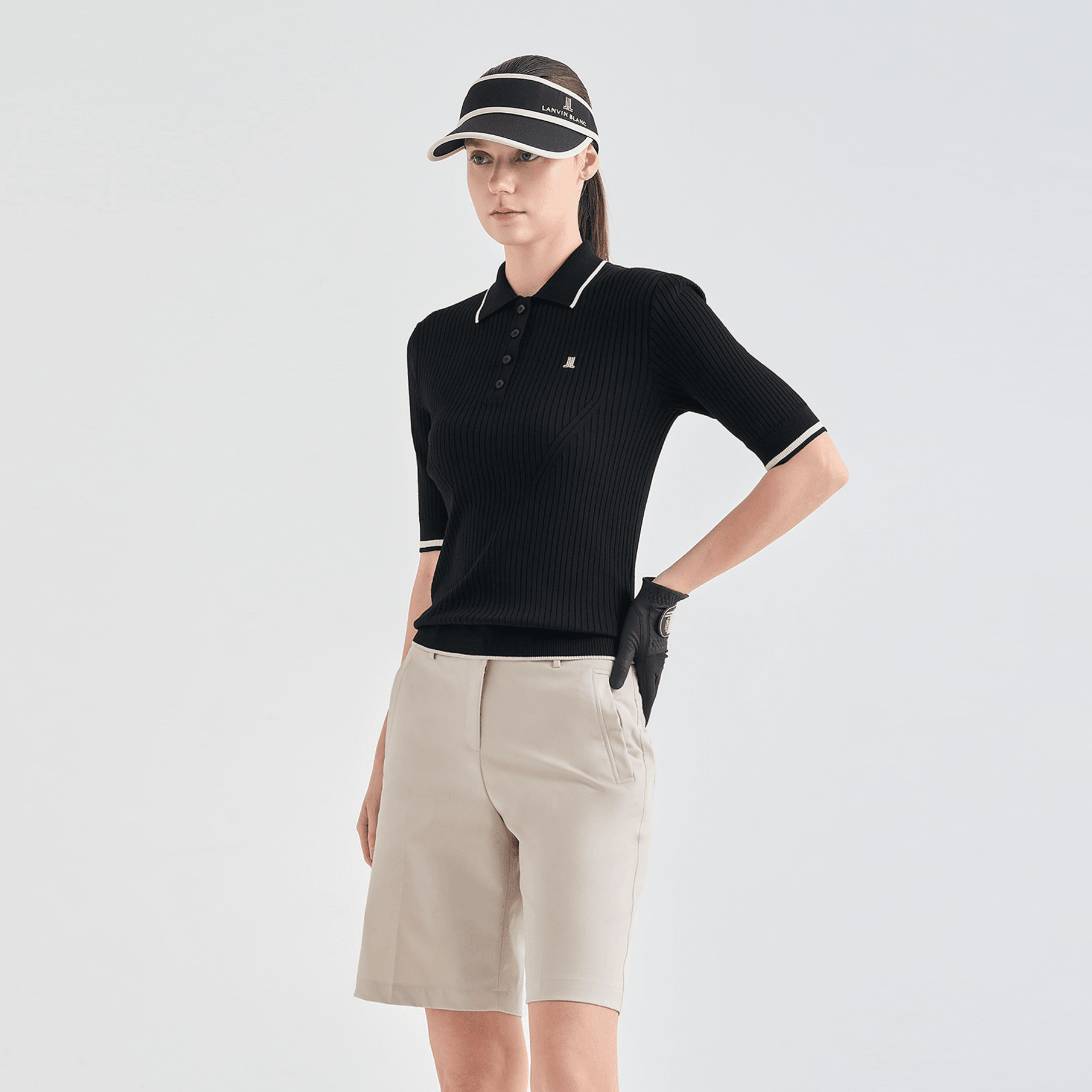 Women's Ribbed Knit Polo - Black - Erthe Golf