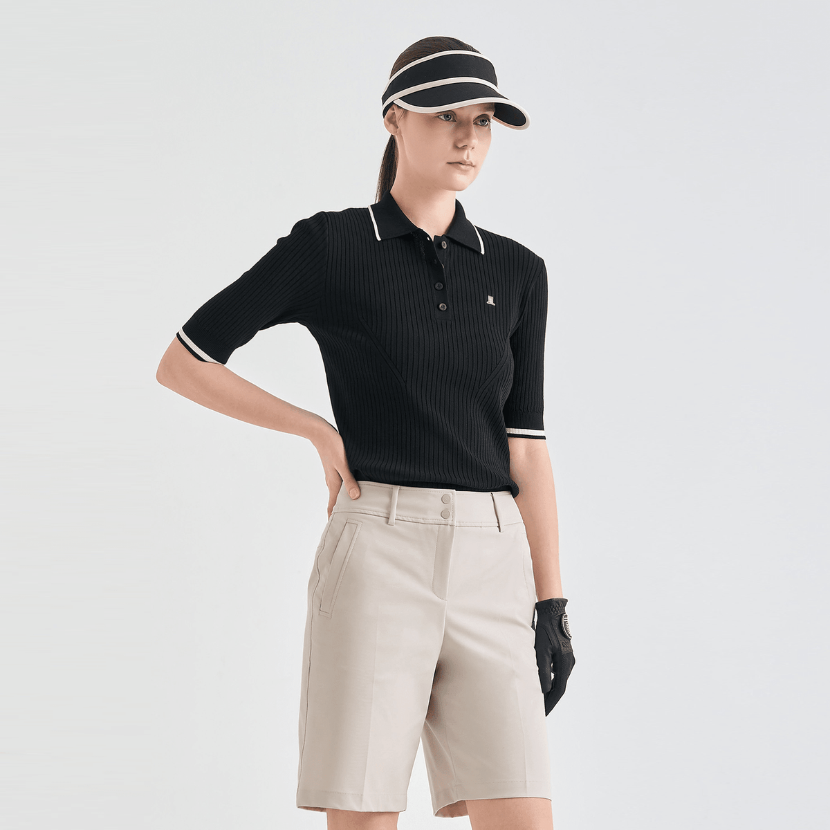 Women's Ribbed Knit Polo - Black - Erthe Golf