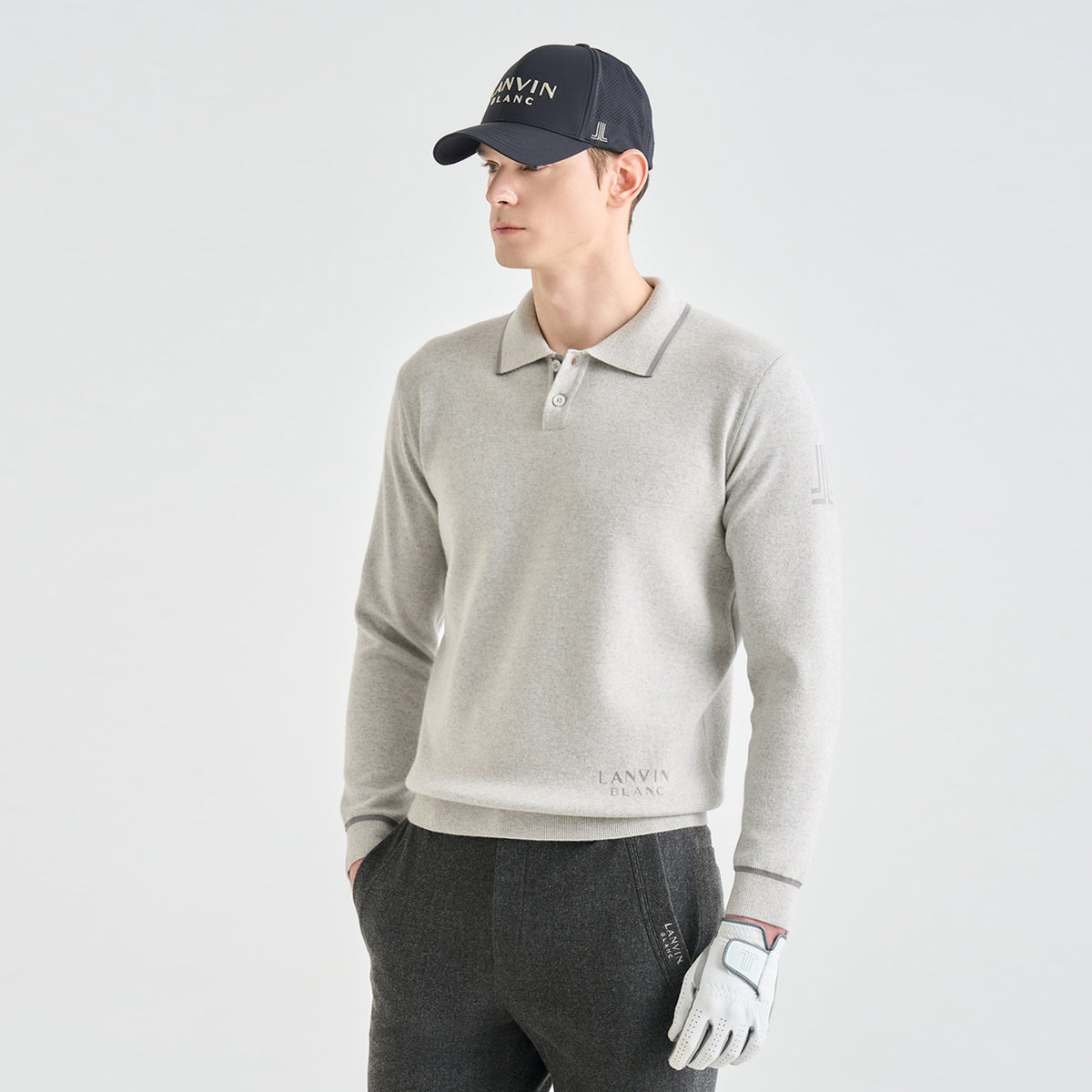 Lanvin Blanc Mens Technical Knit Polo White Grey Erthe Golf Curation