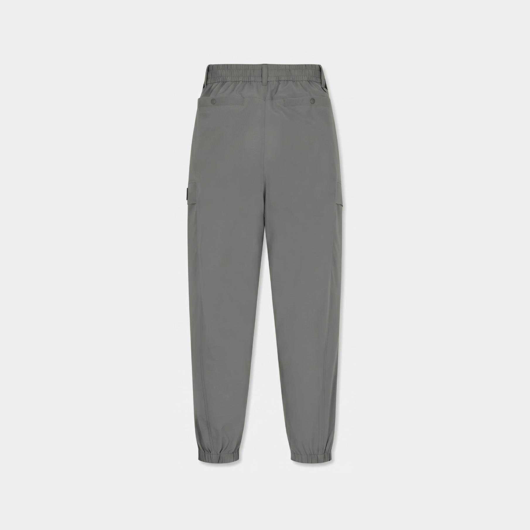 A pair of gray cargo jogger pants shown from the back, featuring an elastic waistband, side cargo pockets, and elastic cuffs, displayed on a light gray background.
