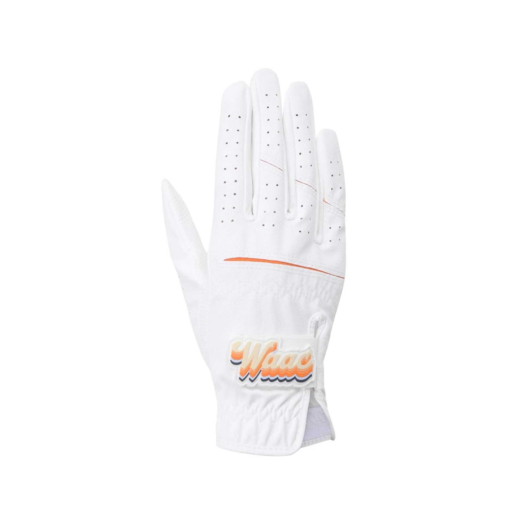 A single white golf glove with perforated ventilation holes on the back of the hand, featuring a thin orange accent line and a stylized orange and white 'Waac' logo on the back of the wrist, shown against a plain white background.
