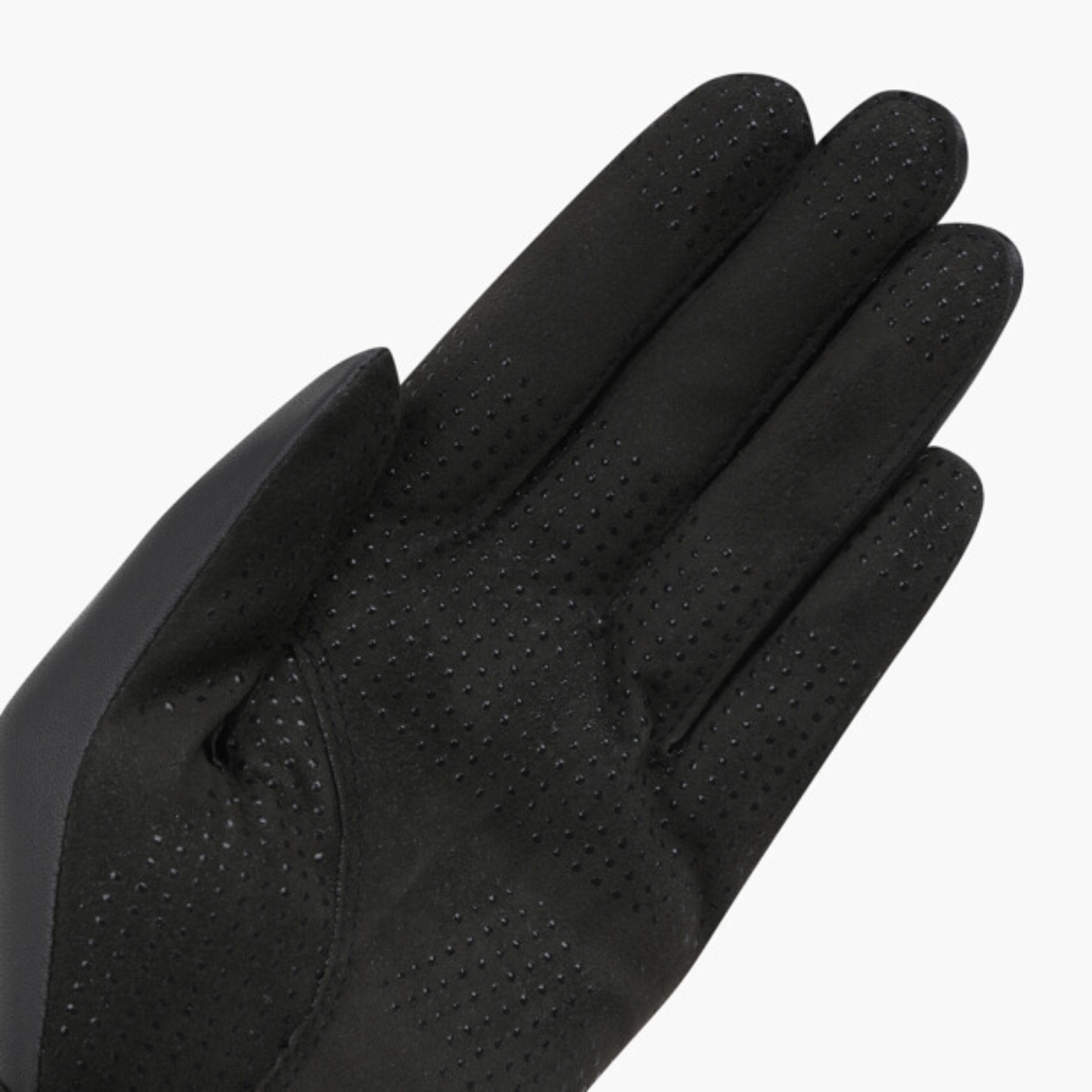 A single black athletic glove with perforated texture on the back of the hand, shown against a plain white background.