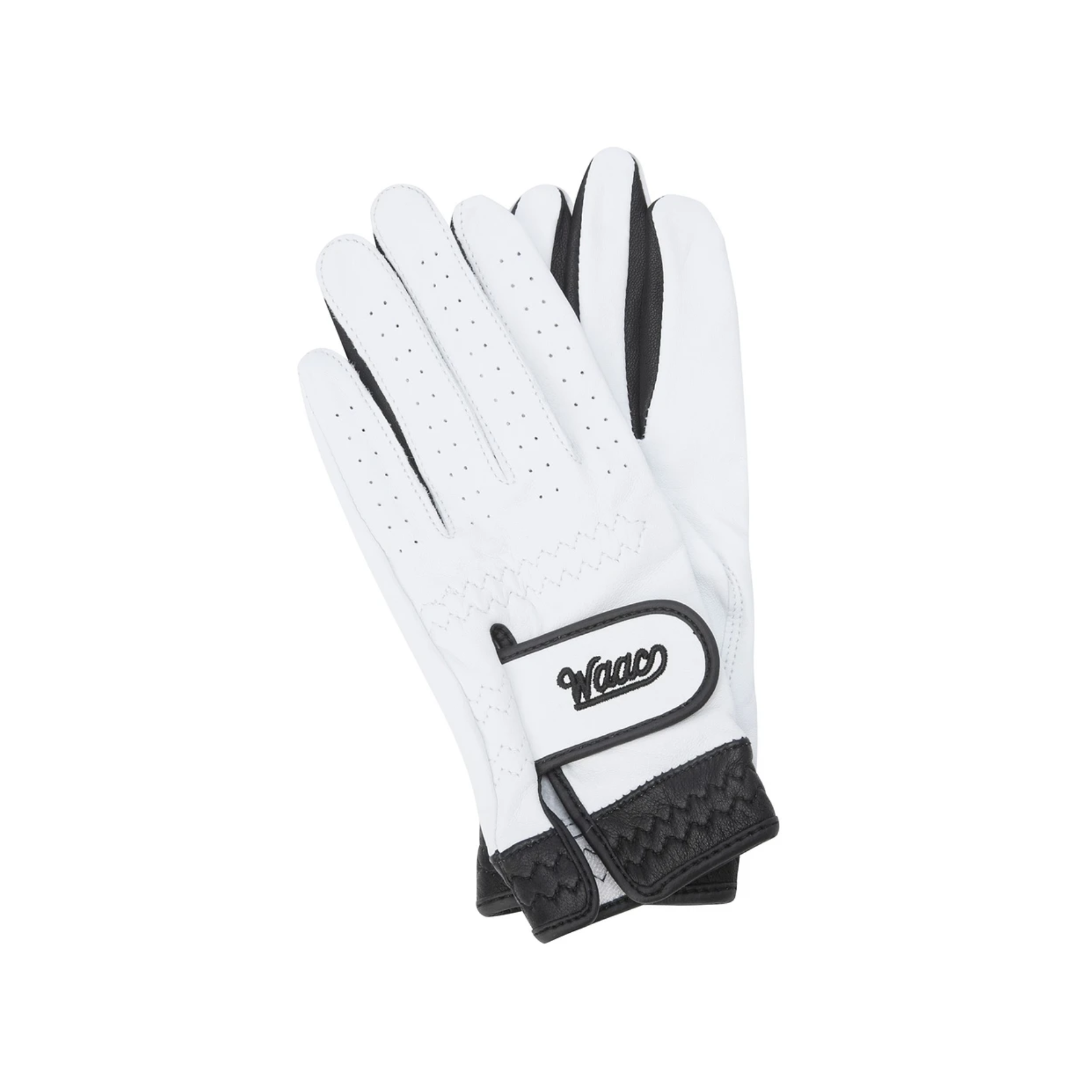 Pair of Women's Color Golf Gloves in black and white, displayed with the front and palm sides overlapping to showcase the premium leather construction, perforated details, black finger accents, textured cuff, and adjustable wrist closure.
