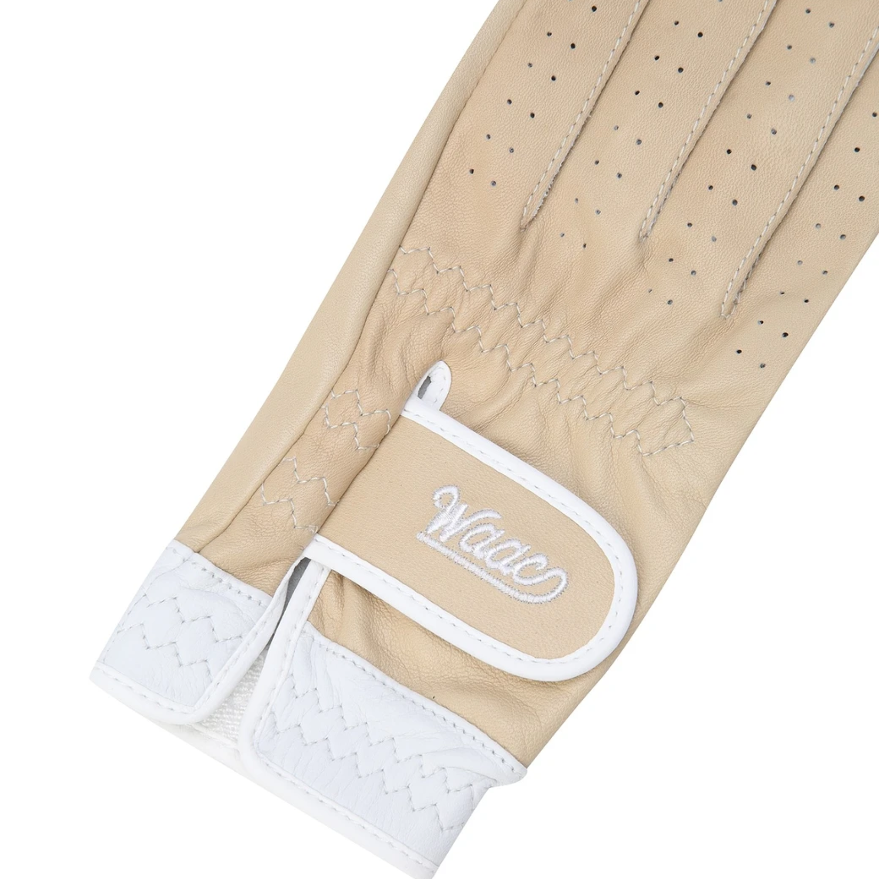 Beige leather riding glove with white trim and a white wrist strap featuring the 'Waco' brand logo, shown on a white background.