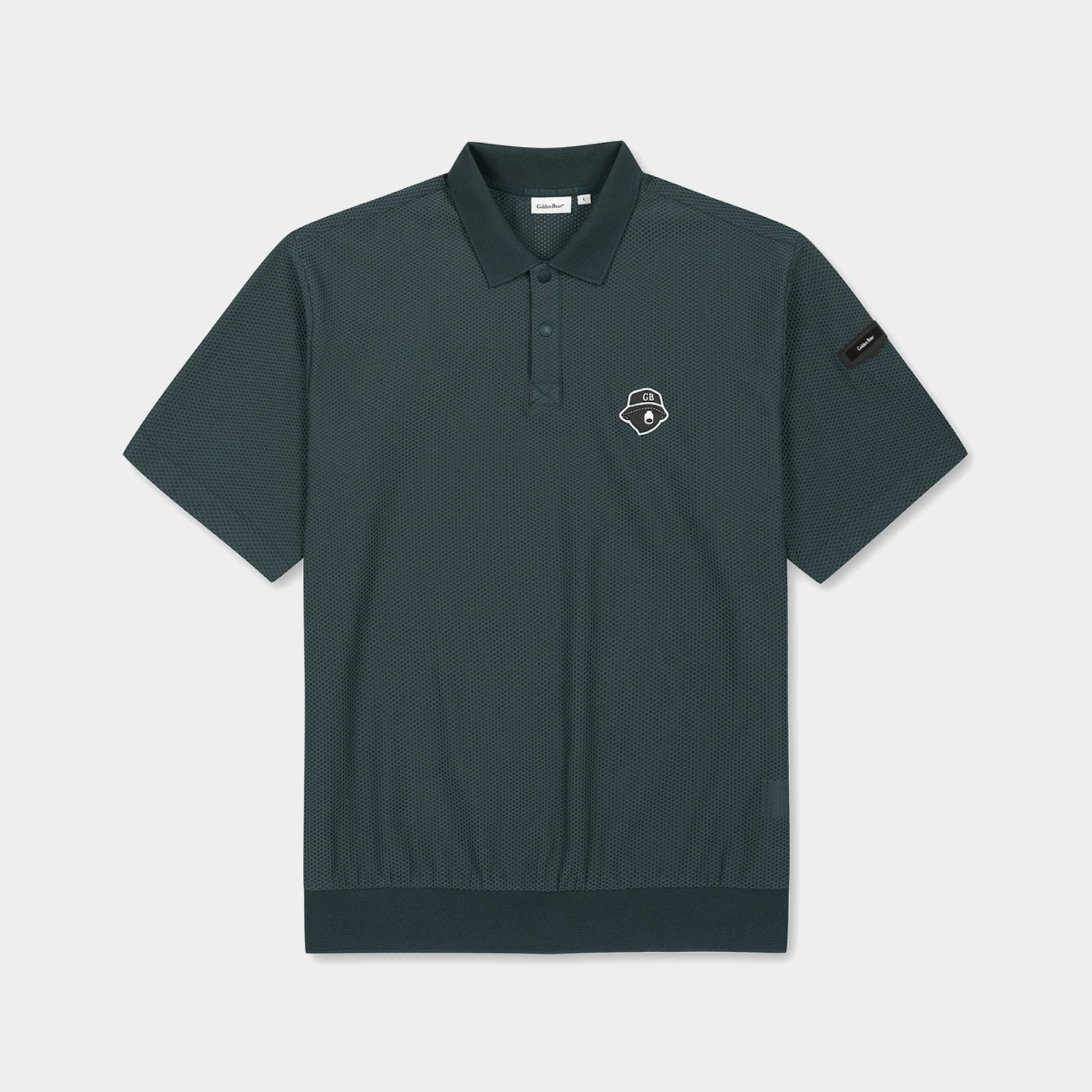 A dark green short-sleeve polo shirt with a small white and black graphic logo on the left chest, displayed flat against a light gray background.