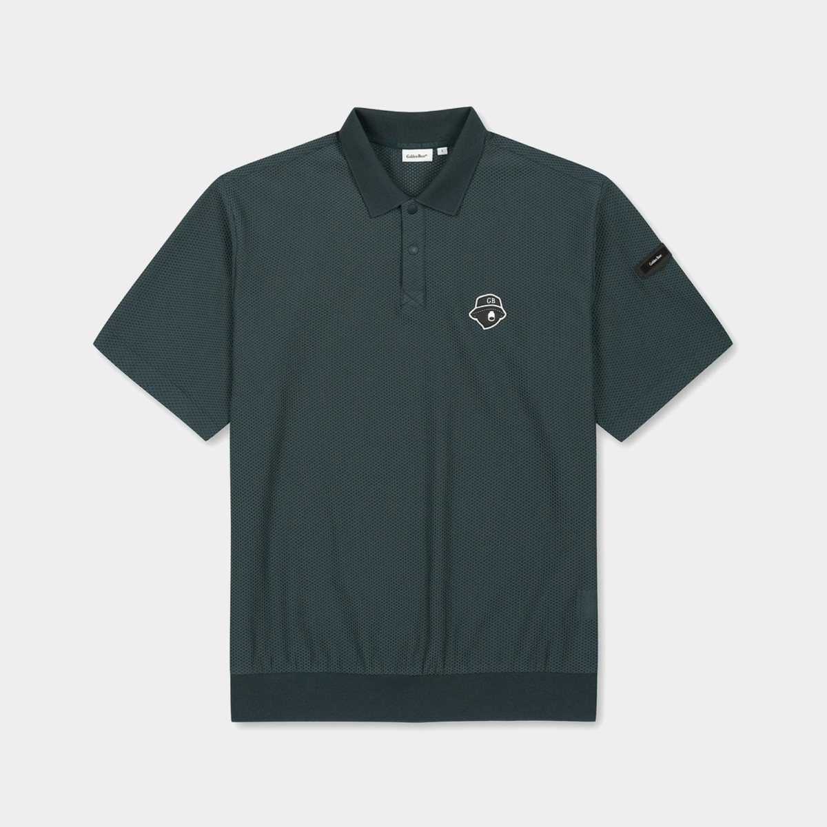 A dark green short-sleeve polo shirt with a small white and black graphic logo on the left chest, displayed flat against a light gray background.